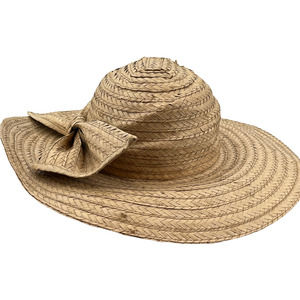 Tan Straw Wide Brimmed Hat with Large Straw Bow One Size‎